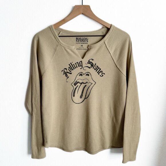 Lucky Brand Rolling Stones Top Womens Medium Brown Waffle Thermal Tongue Graphic - Picture 1 of 14